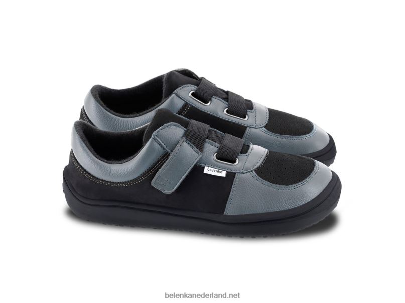 Be Lenka kindersneakers op blote voeten - vloeiend 08T6T200 houtskool & zwart